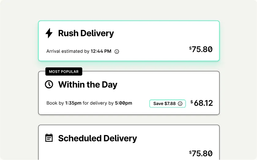 Screenshot of Curri delivery options showing pricing and time estimates for Rush Delivery, Within the Day (most popular), and Scheduled Delivery.