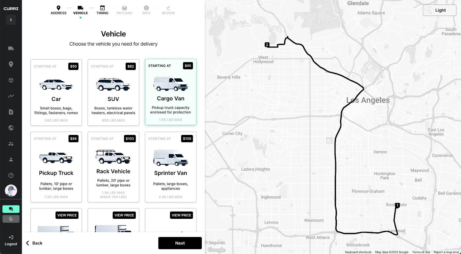 Screenshot of the Curri delivery scheduling platform showing vehicle options such as car, SUV, cargo van, pickup truck, rack vehicle, and sprinter van, alongside a mapped delivery route in Los Angeles.