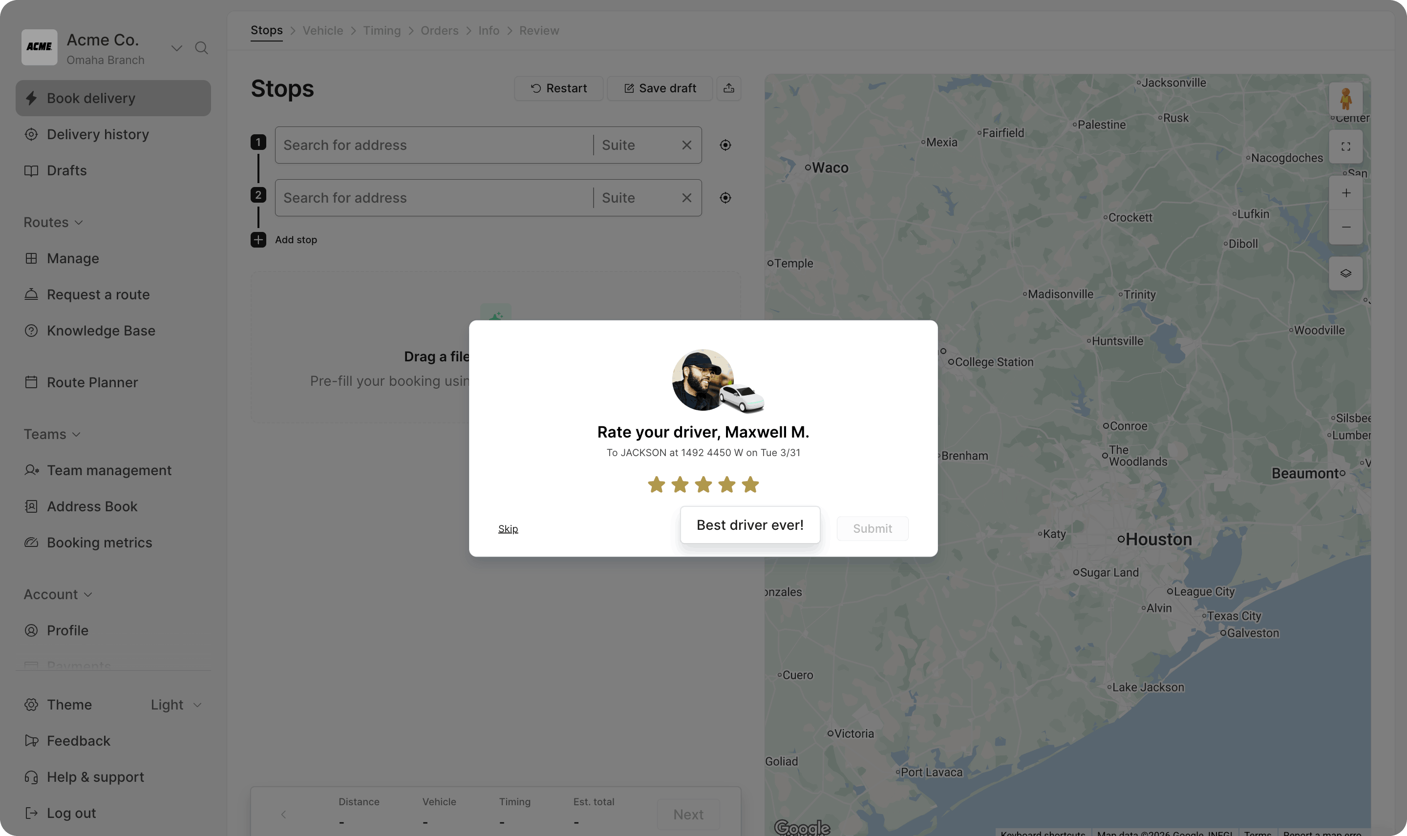 Driver reviews let users rate delivery drivers after completed deliveries to maintain consistent service quality.