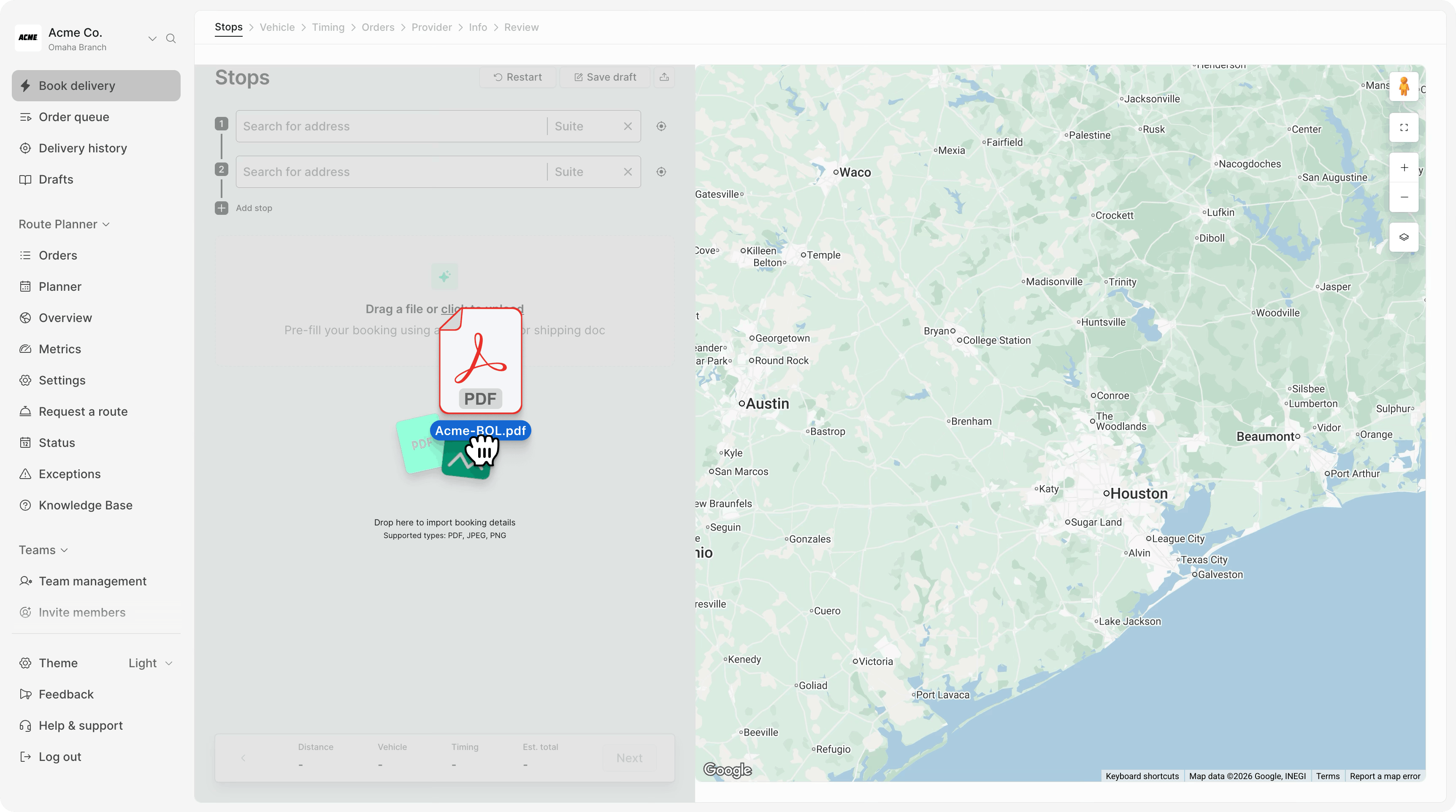 Smart Import automatically extracts shipment details from uploaded shipping documents to build delivery bookings with BOL numbers, addresses, and order information.