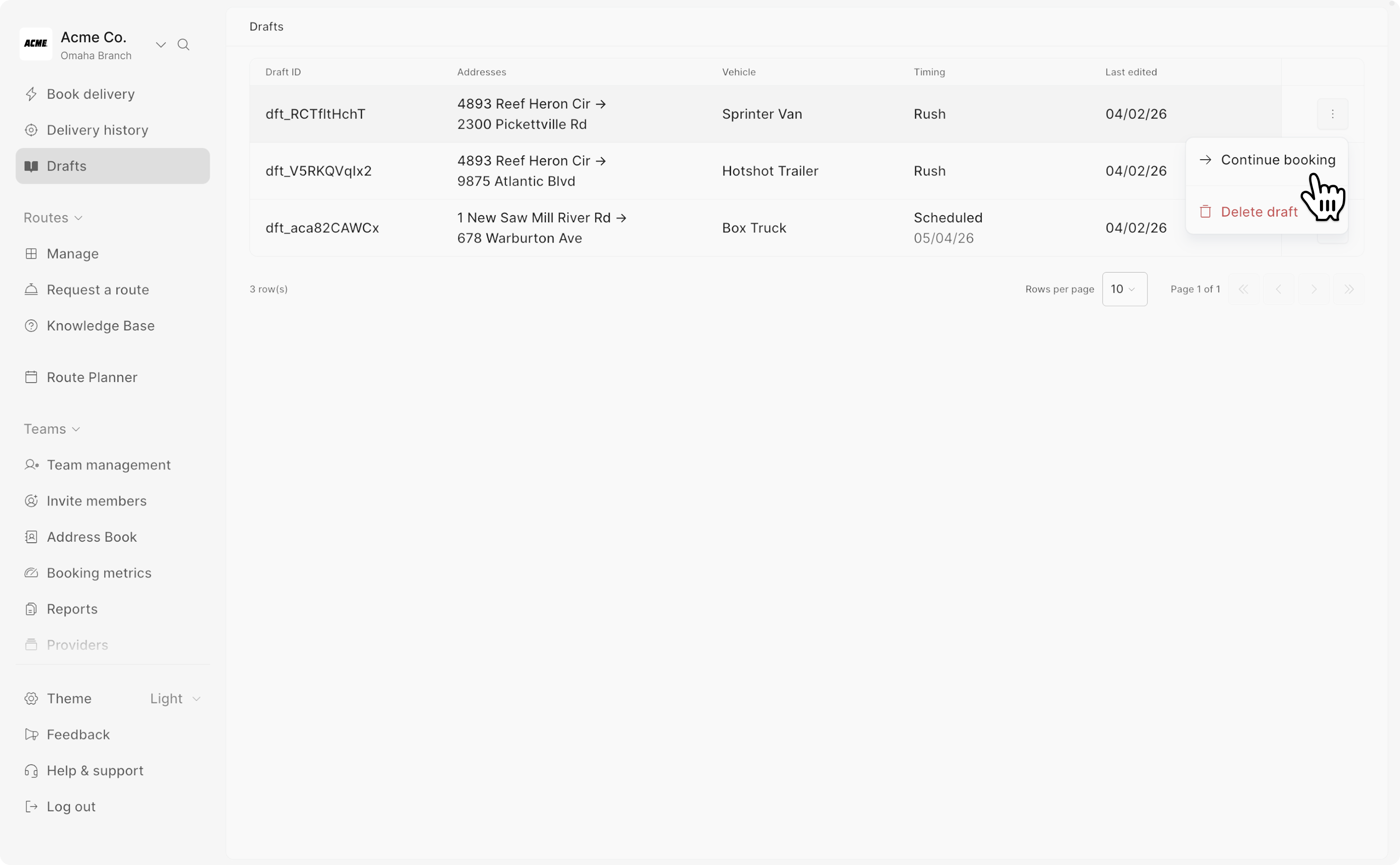 The save drafts feature lets users save delivery bookings in progress and continue booking later from the Drafts dashboard.