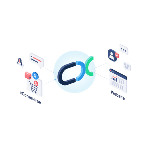 Diagram showing digital commerce connections between eCommerce icons with shopping cart and payment symbols and website icons with user profile and chat bubbles.