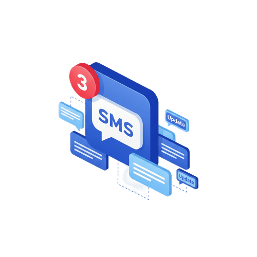 3D illustration of a blue SMS message icon with notification badge showing number 3 and various floating message bubbles labeled 'Update'.