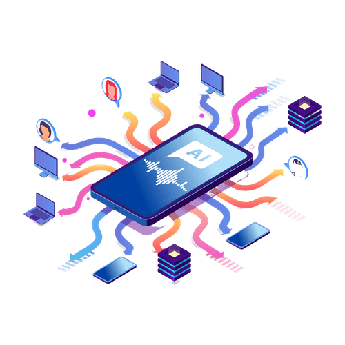 Central smartphone displaying AI and soundwave icon connected with colorful arrows to laptops, desktops, servers, and user avatars representing AI-driven communication and data exchange.