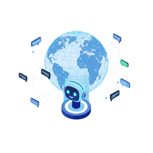 Smiling AI chatbot with headphones in front of a digital globe connected to multilingual speech bubbles.