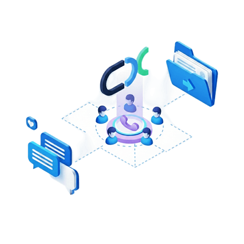 Isometric illustration showing a central phone icon surrounded by five user avatars, connecting to a chat bubble with message icons and a folder with documents.