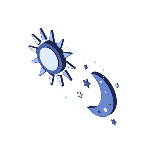 3D illustration of a blue sun and crescent moon connected by dotted lines with surrounding stars.
