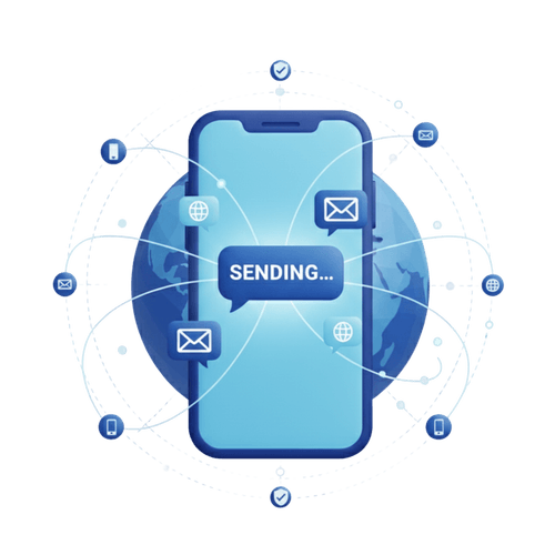 Smartphone with message bubbles showing 'Sending...' connected globally to icons of envelopes, mobile phones, and web symbols.