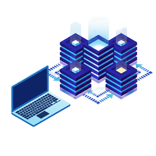 Illustration of a laptop connected to multiple stacked blue server units representing data processing or network systems.