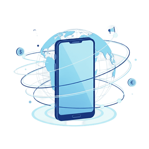 Blue smartphone with a transparent globe behind and orbiting icons of currency symbols and a headset, symbolizing global communication and finance.