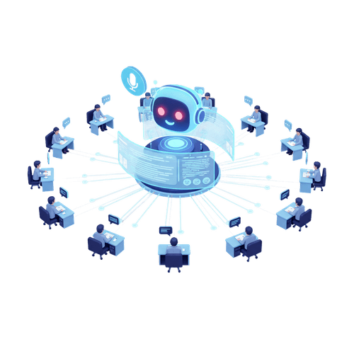 Illustration of a smiling AI chatbot at the center connected to multiple individuals sitting at desks, symbolizing high concurrent calls.