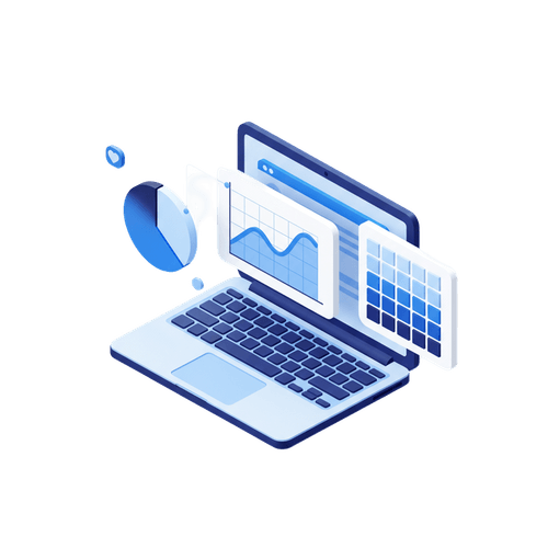 Isometric laptop displaying floating data visualizations including a pie chart, line graph, and grid.