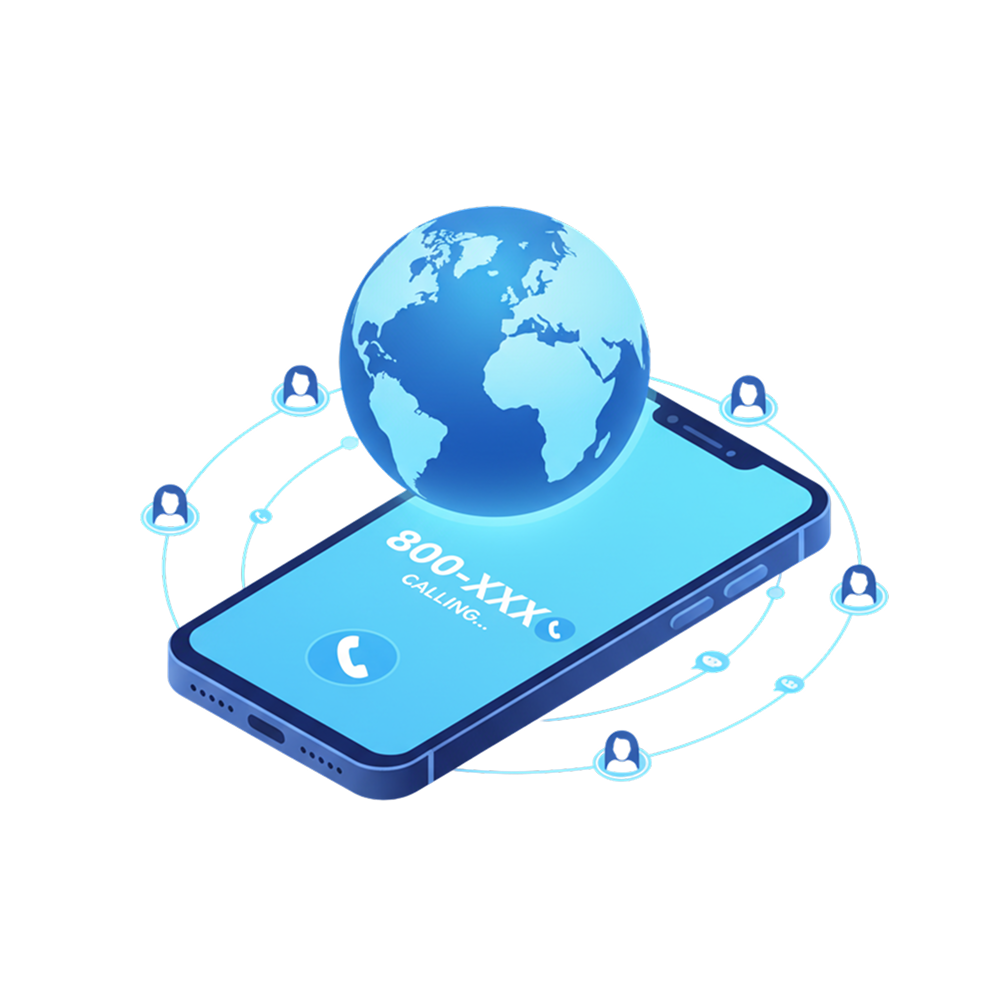 Blue smartphone with '800-XXX calling' on screen and a 3D globe above it, surrounded by connected user icons.