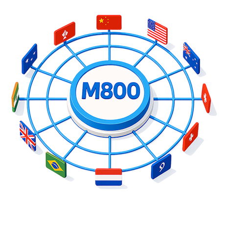 Circular network diagram centered on a button labeled M800, connected to various country flags including the US, China, UK, Australia, Brazil, and others.