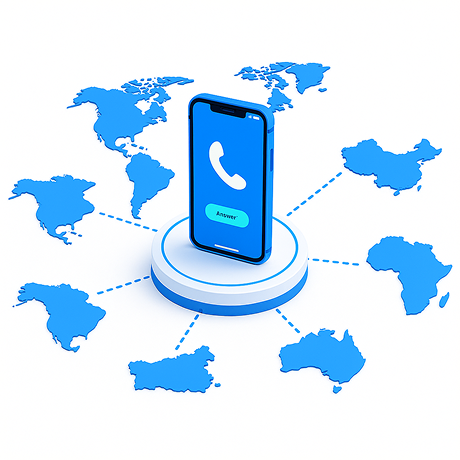 Smartphone displaying an incoming call with an answer button, surrounded by blue world map regions connected by dotted lines.