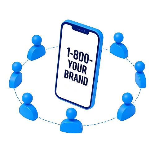 Blue digital people icons surrounding a smartphone displaying a customizable 1-800 phone number for a brand.