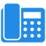 Blue icon of a landline telephone with handset and keypad.