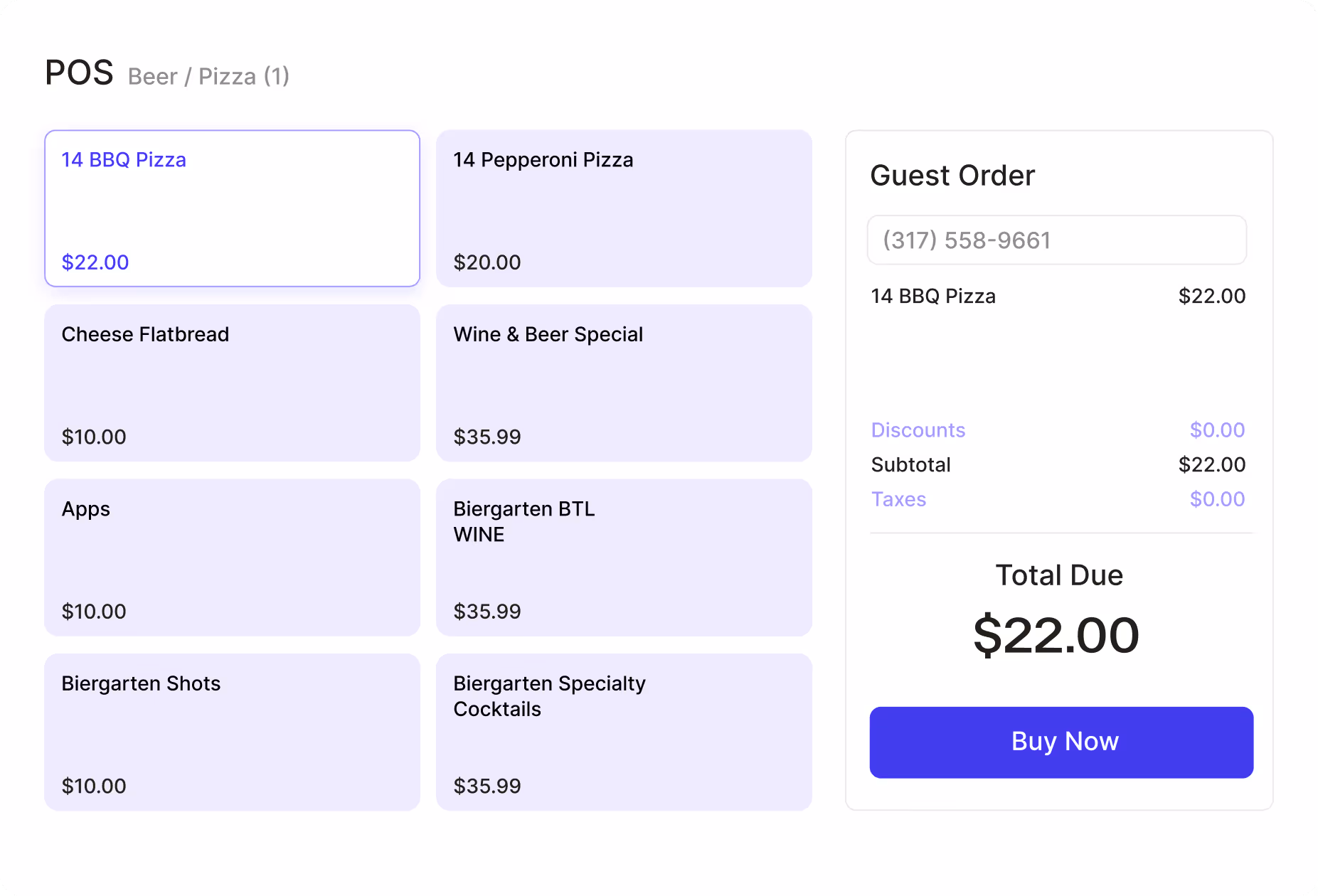 POS screen showing menu items including pizzas, flatbread, wine, beer, and cocktails with prices, and a guest order summary with total due $22.00 and a Buy Now button.