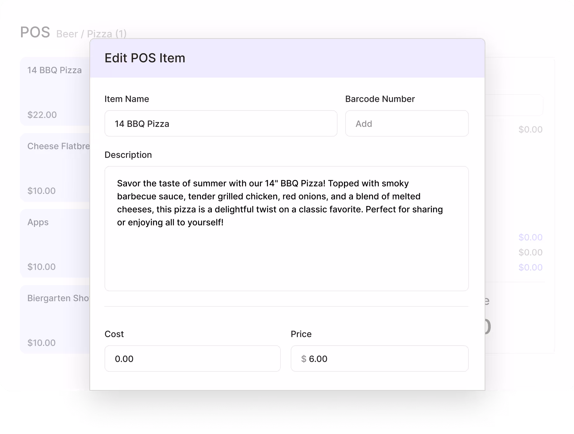 POS item editing interface showing details for 14 BBQ Pizza including description, cost $0.00, and price $6.00.