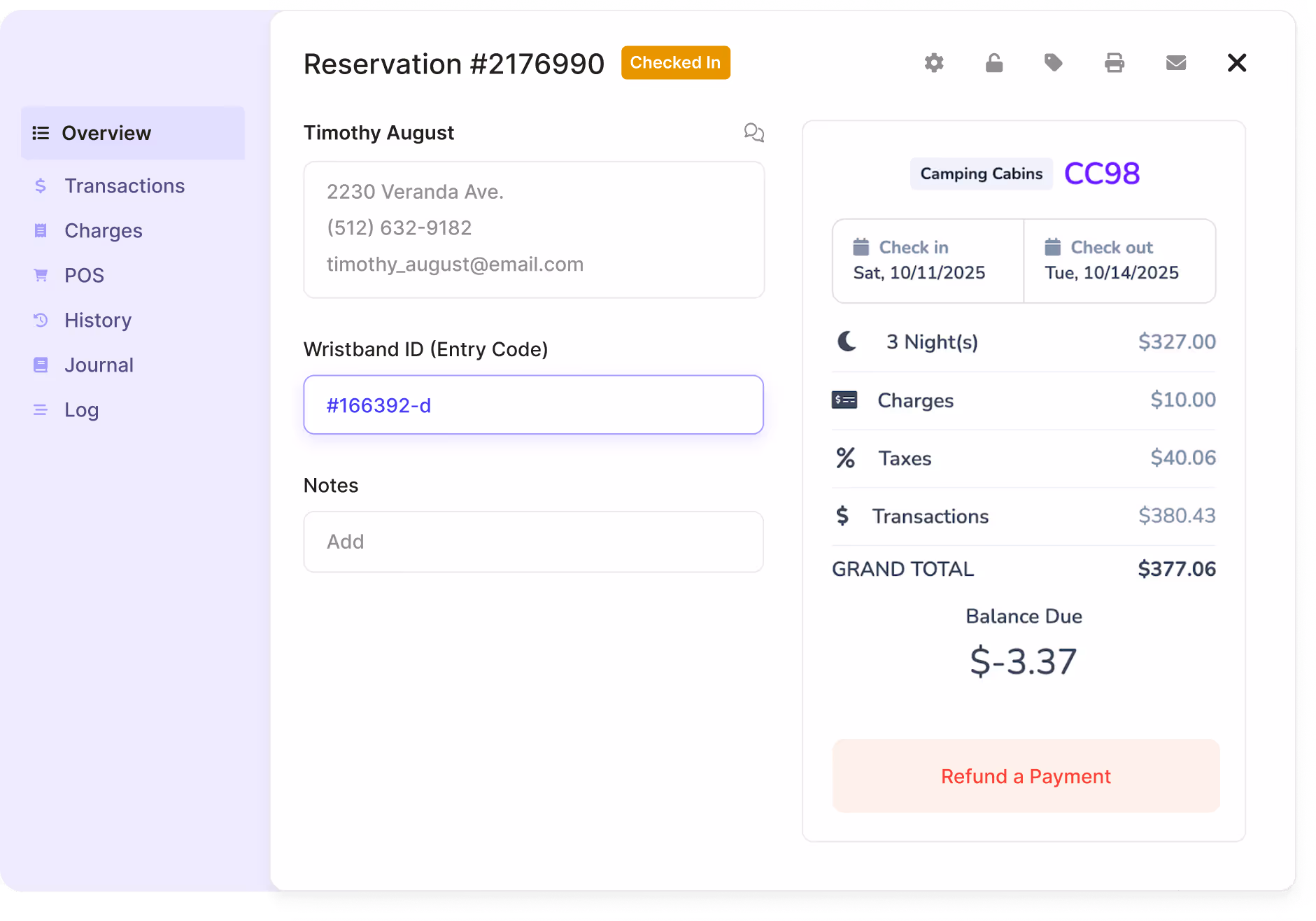 Reservation details for Timothy August showing check-in on October 11, 2025, check-out on October 14, 2025, for camping cabin CC98, total charges $377.06 with a negative balance due of $-3.37.