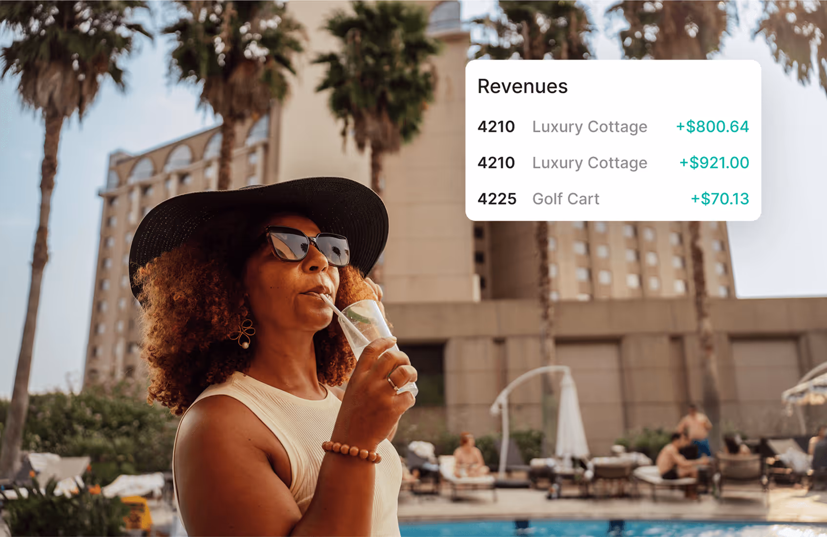 Woman enjoying a drink in a modern hospitality environment