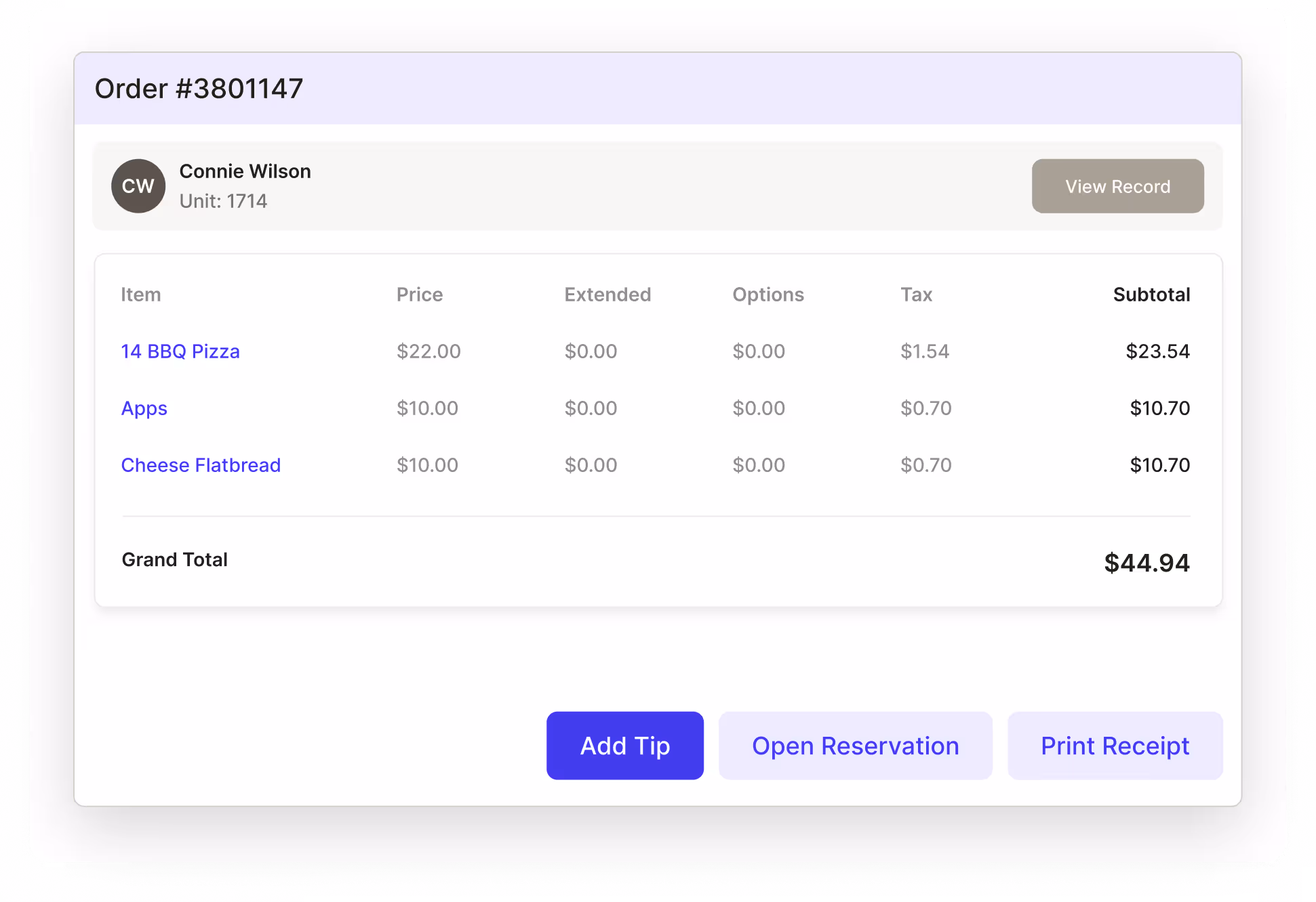 Order receipt for Connie Wilson showing food items and total cost of forty-four dollars ninety-four cents.