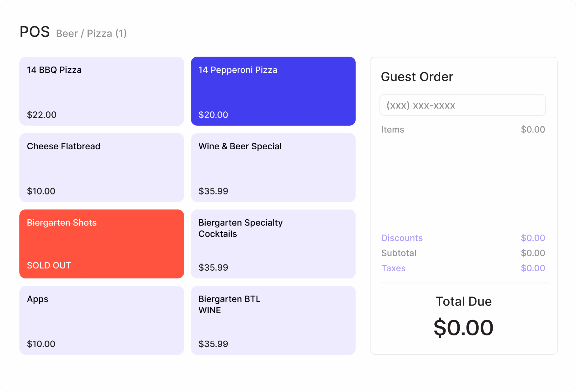 Restaurant POS menu with pizza prices and guest order details on screen display.