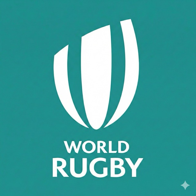 World Rugby logo with stylized white rugby ball above the text on teal background.