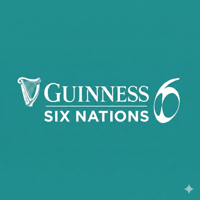 Guinness Six Nations logo with a harp symbol on a teal background.