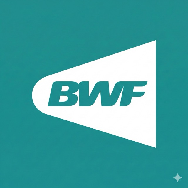 BWF logo in white on a teal background shaped like a shuttlecock side view.