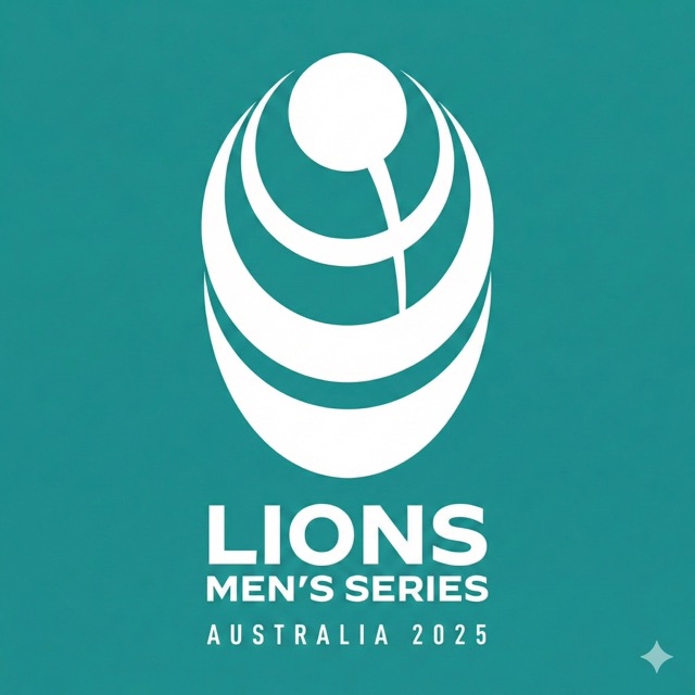 Lions Men’s Series logo with white stylized lion claw and ball above text, set on a teal background, Australia 2025.