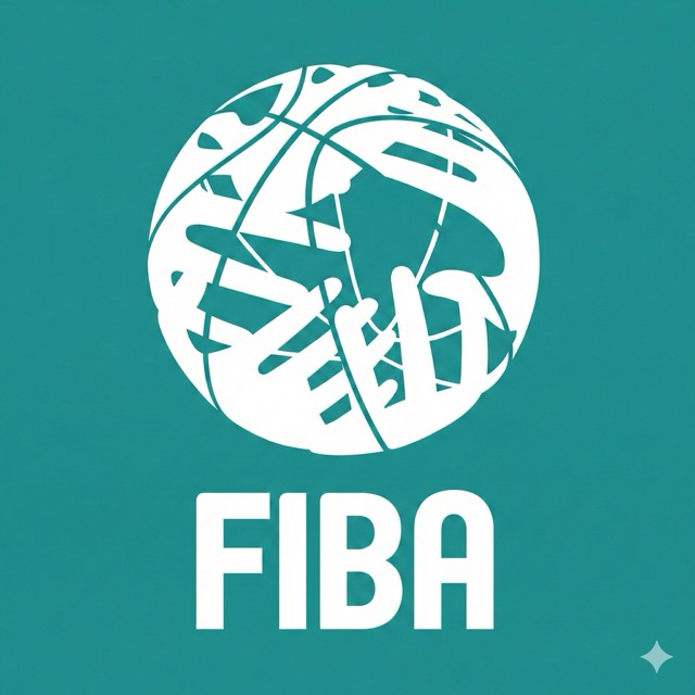 White FIBA logo featuring a stylized basketball on a teal background.