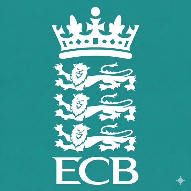 White emblem with three lions and a crown above ECB letters on teal background.