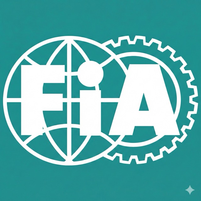 White FIA logo featuring stylized letters overlaid on a globe and gear graphic with a teal background.
