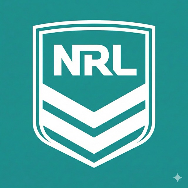 White NRL shield logo with two chevrons on a teal background.