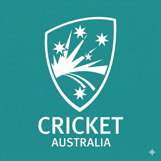 White Cricket Australia logo featuring a shield with stars and a stylized wicket on a teal background.