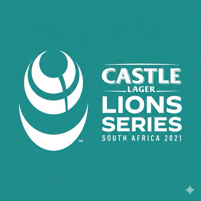 Castle Lager Lions Series South Africa 2021 logo with stylized rugby ball shapes on teal background.