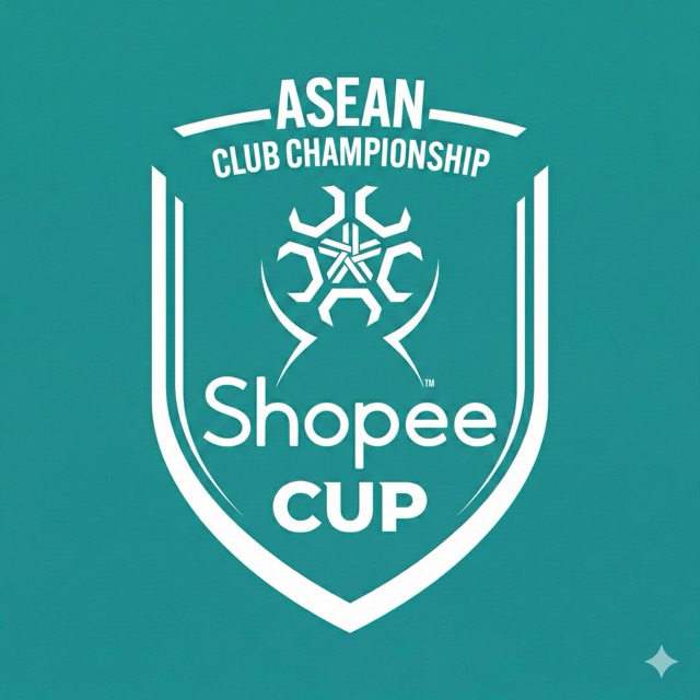 White ASEAN Club Championship Shopee Cup logo on teal background.