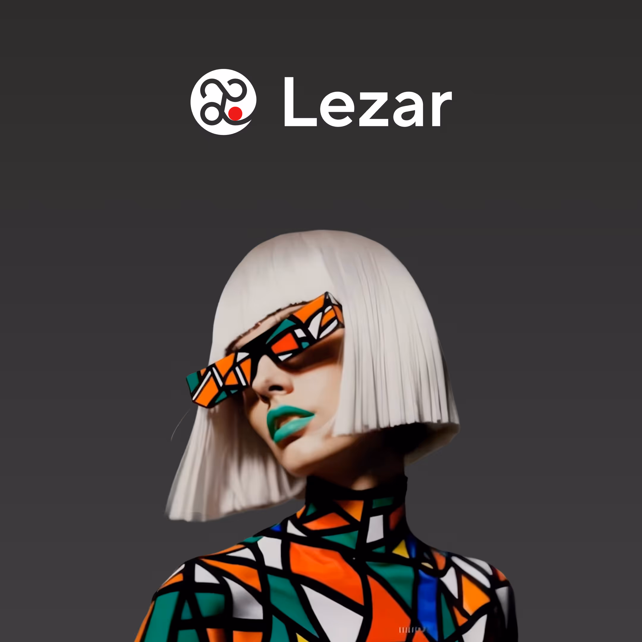 Person with white bob haircut wearing colorful geometric-patterned glasses and matching top, with green lipstick, on a dark gray background with Lezar logo above.