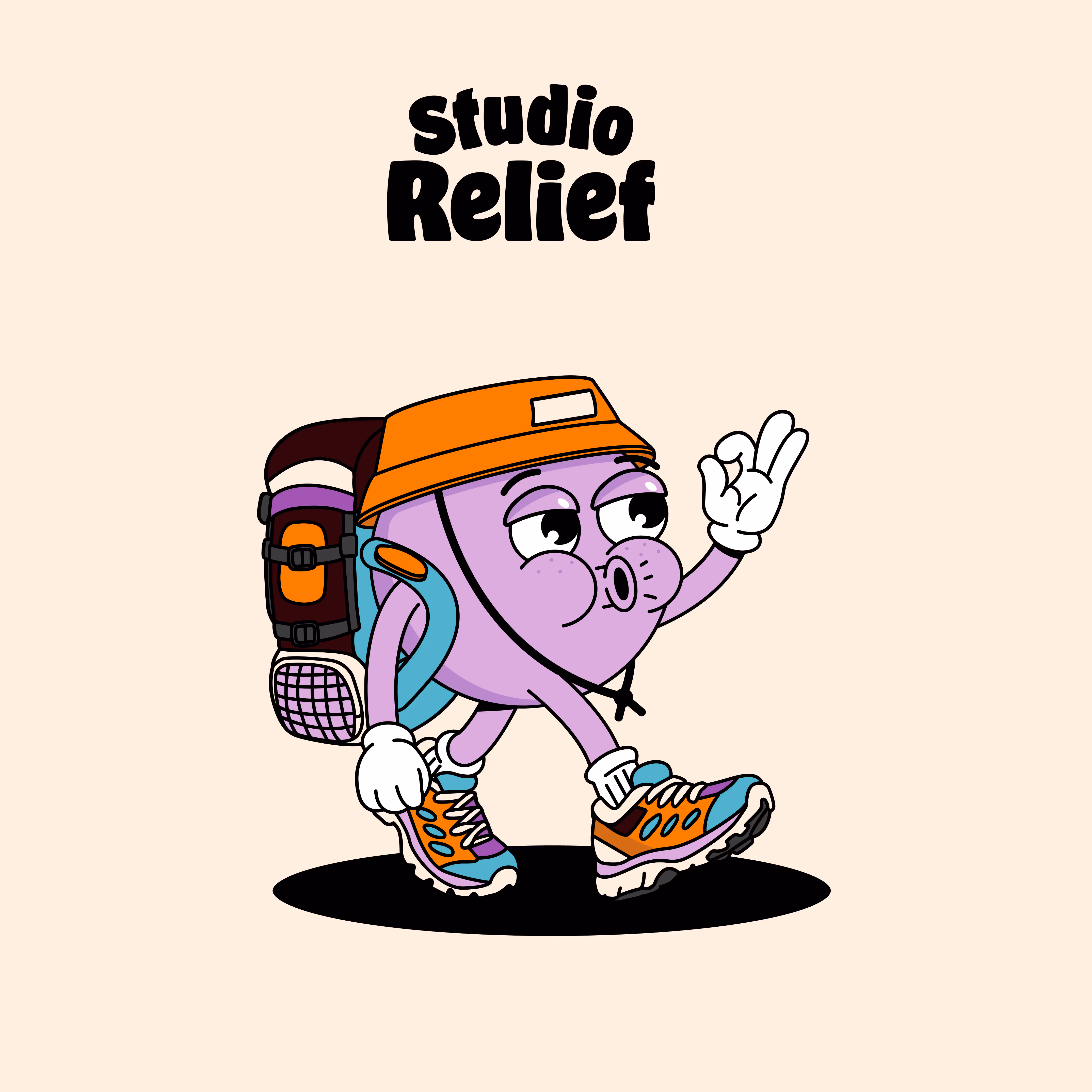 Cartoon purple round character hiking with an orange helmet, backpack, and colorful hiking shoes, making an OK hand gesture, with text 'studio Relief' above.