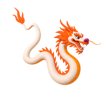 Illustration of a serpentine Chinese dragon with orange and white scales and fiery mane.
