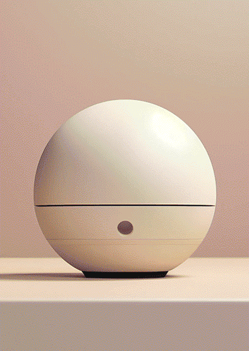 Rotating beige spherical object with a horizontal split and a small circular sensor or button on a flat surface.