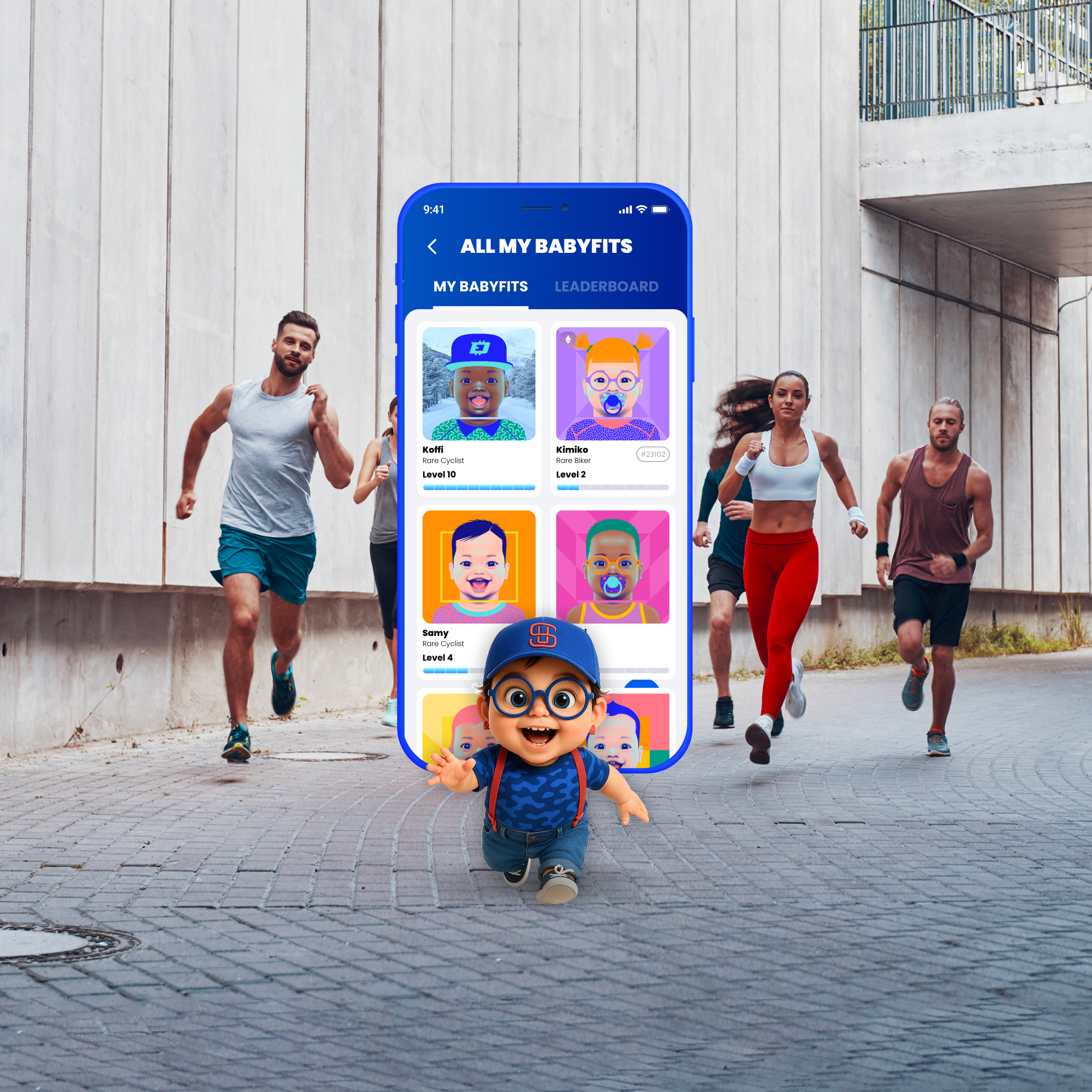 DEFIT app and Babyfit character in front of a group of runners.