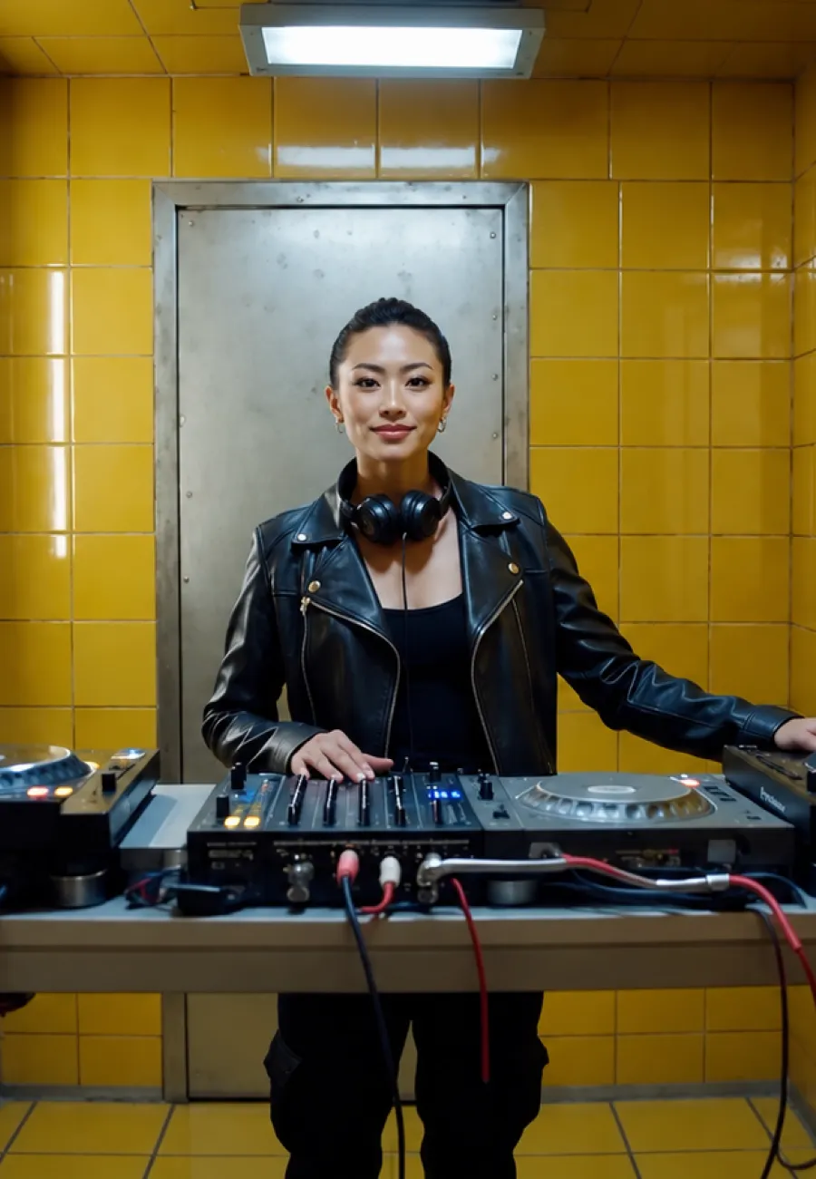 DJ derrière ses platines dans une pièce carrelée jaune.