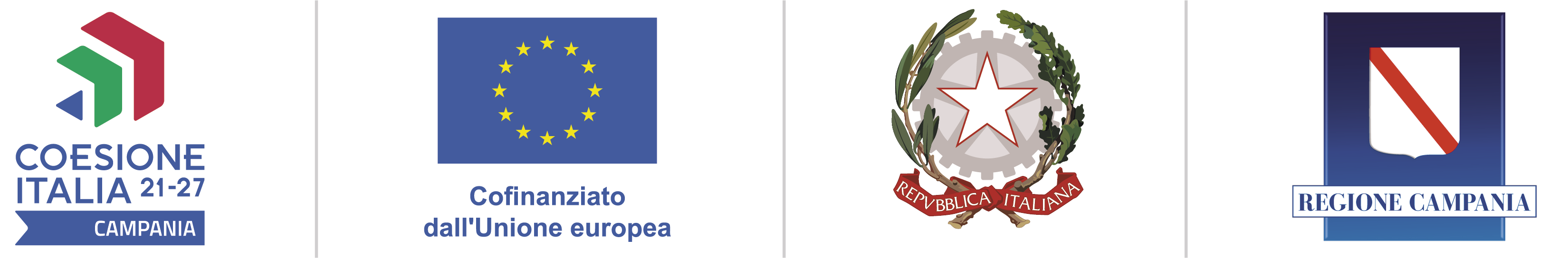 Loghi di Coesione Italia 21-27 Campania, bandiera dell'Unione Europea con testo Cofinanziato dall'Unione europea, emblema della Repubblica Italiana e stemma della Regione Campania.