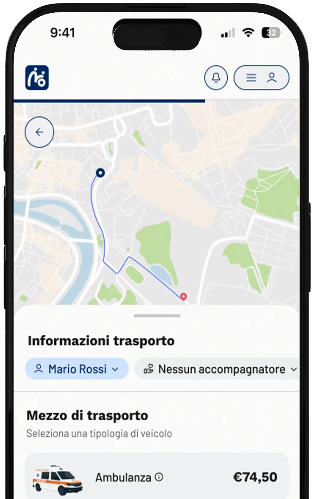 Schermata di un'app mobile che mostra informazioni sul trasporto con una mappa in alto e opzioni di mezzo di trasporto: ambulanza a 74,50€ e auto medica a 68,50€, selezionata l’auto medica.