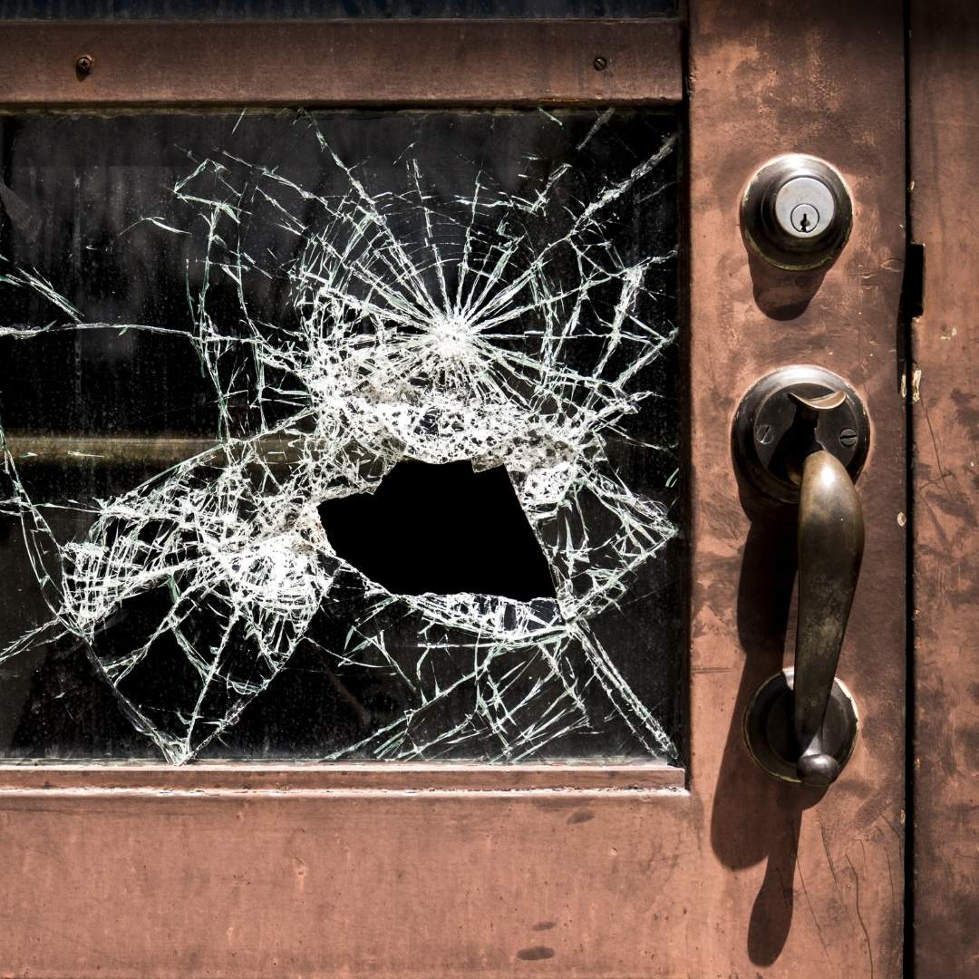 Broken door from burglary in Sutton, South London