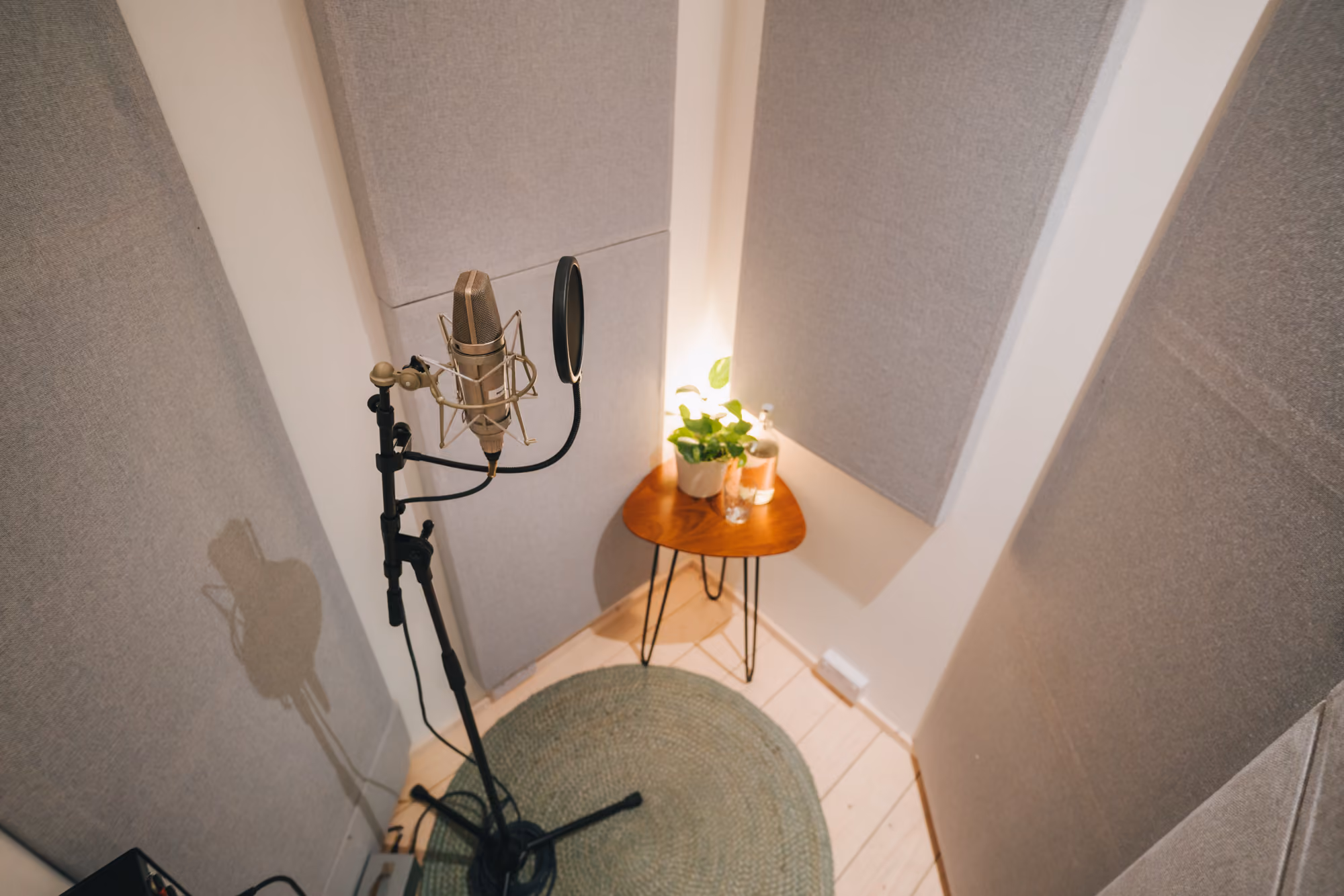 Vocal booth with condenser microphone and pop filter at Noatune Studios, Hackney