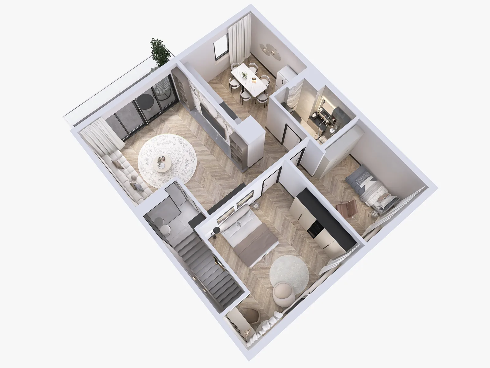 Rzut 3D apartamentu z osobną kuchnią – Osiedle BO