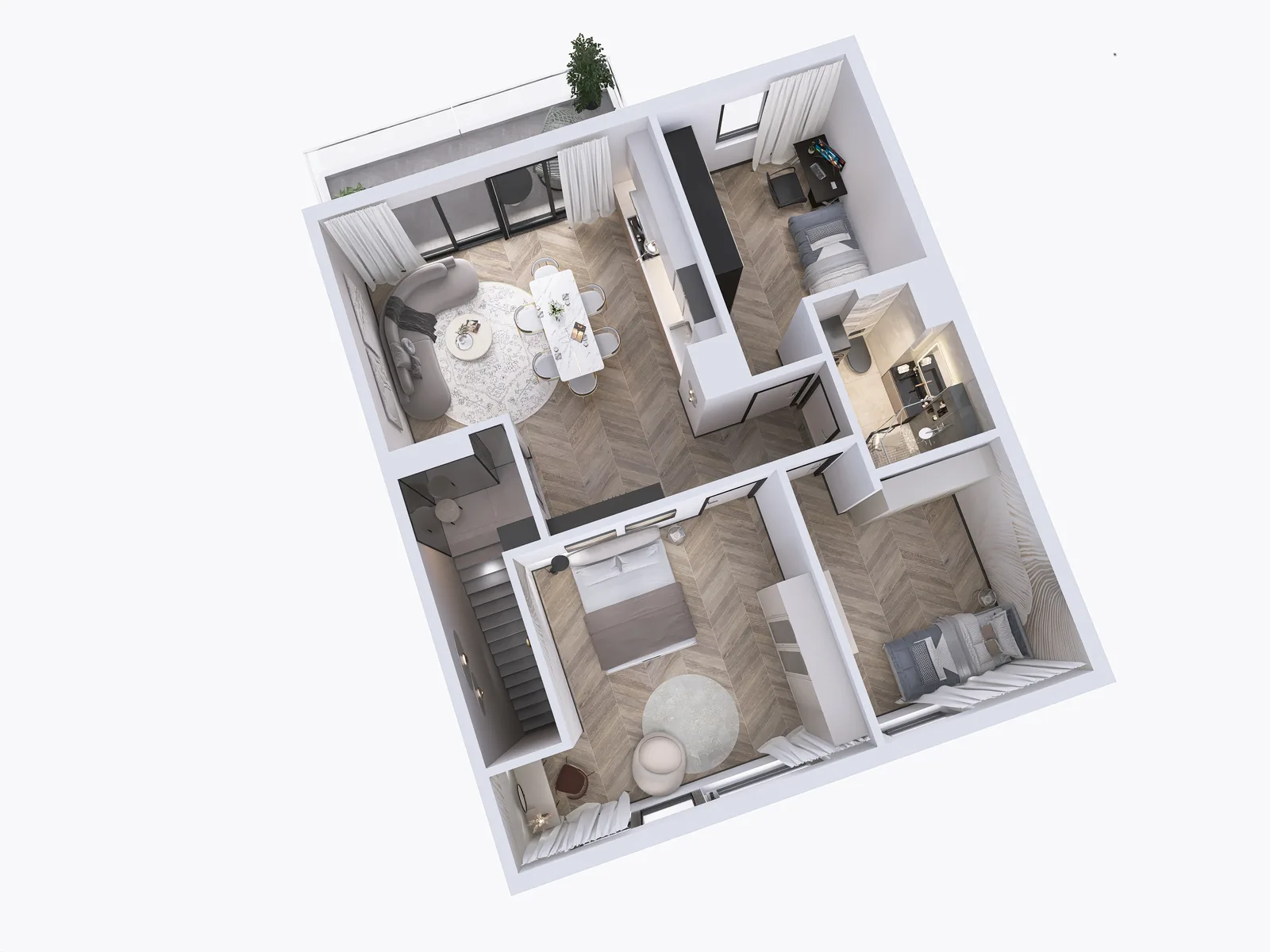 Rzut 3D apartamentu z osobną, zamkniętą kuchnią – Osiedle BO